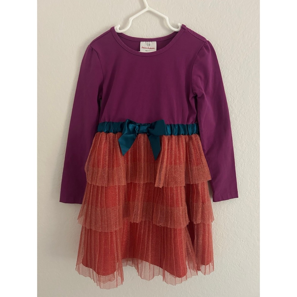 Hanna Andersson Girls Long Sleeve Shimmer Tulle Dress Purple Size 5 110